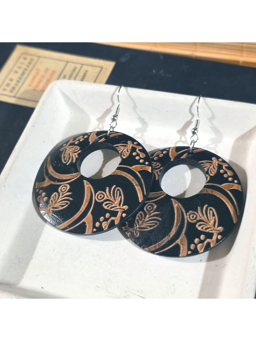 Flower Abstract Art Tribal Style Black Tan Laser Etched Handmade Wood Earrings
